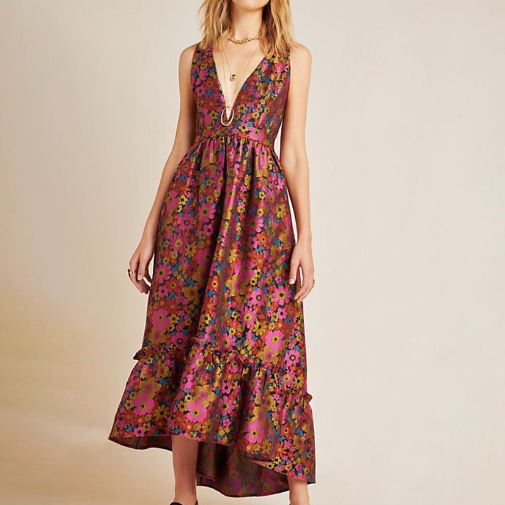 Anthropologie Floral High-Low Maxi Dress in Magenta and Olive